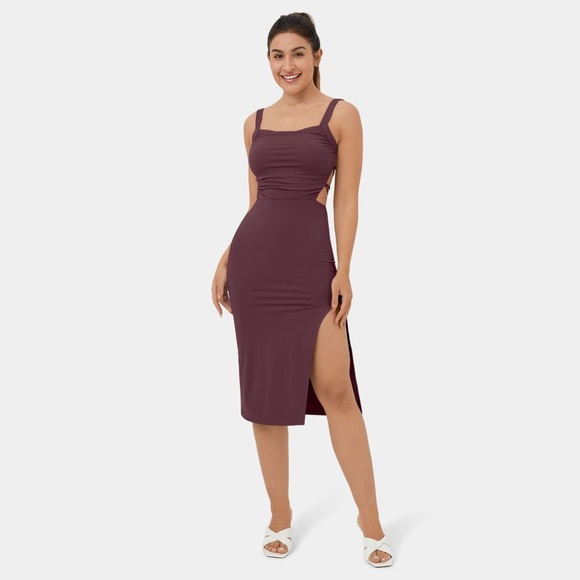 ruched backless crisscross lace up split bodycon midi casual dress Ruched Split Backless Crisscross Lace Up Bodycon Midi Casual Dress , #halaradress #halara #casualdress #bodycondress